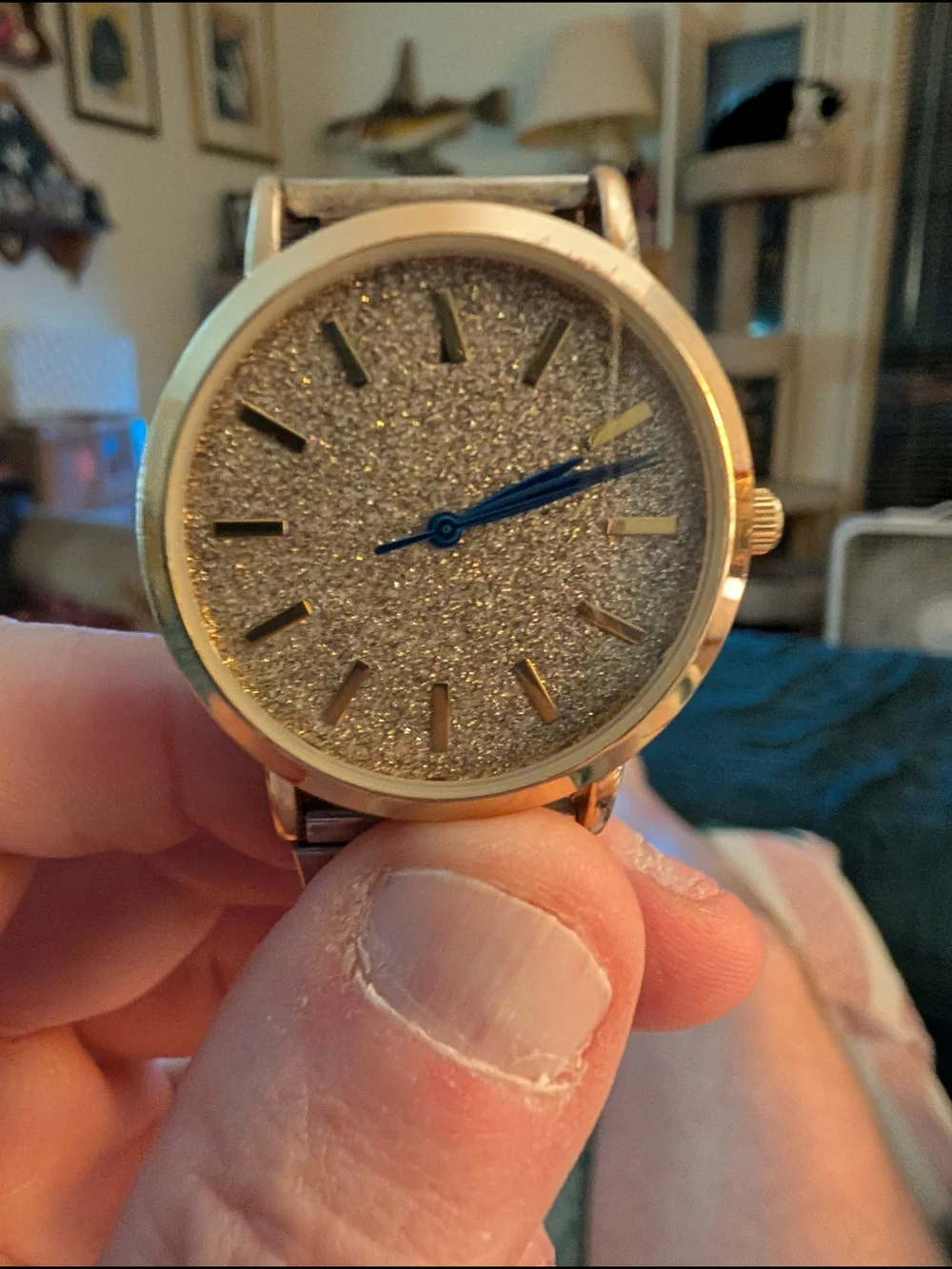 Gold Glitter Dial Watch with Blue Hands Brand New Battery In It